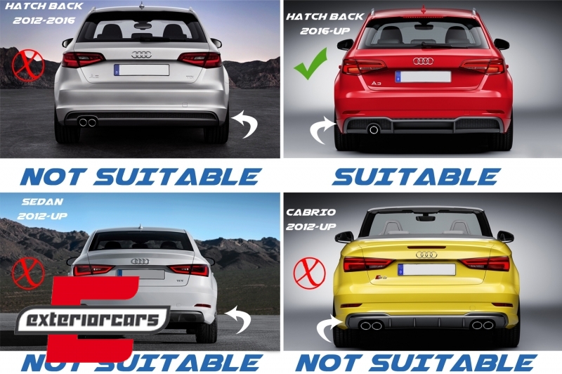 Difuzor zraka & nastavci auspuha RS3 dizajn  / Audi A3 8V Sline Facelift (2016-2019) Hatchback Sportback, RDAUA38VFRS3H