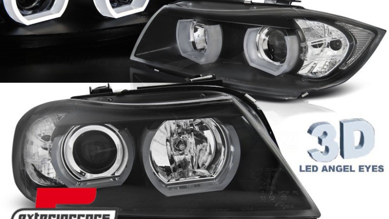 Prednja svjetla 3D LED Angel Eyes U-dizajn Xenon (crna) / BMW serije 3 E90 limuzina E91 karavan (03.2005-08.2008), LPBMI6
